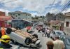 Motorista perde controle do veículo capota e colide com Ônibus e veículo estacionado
